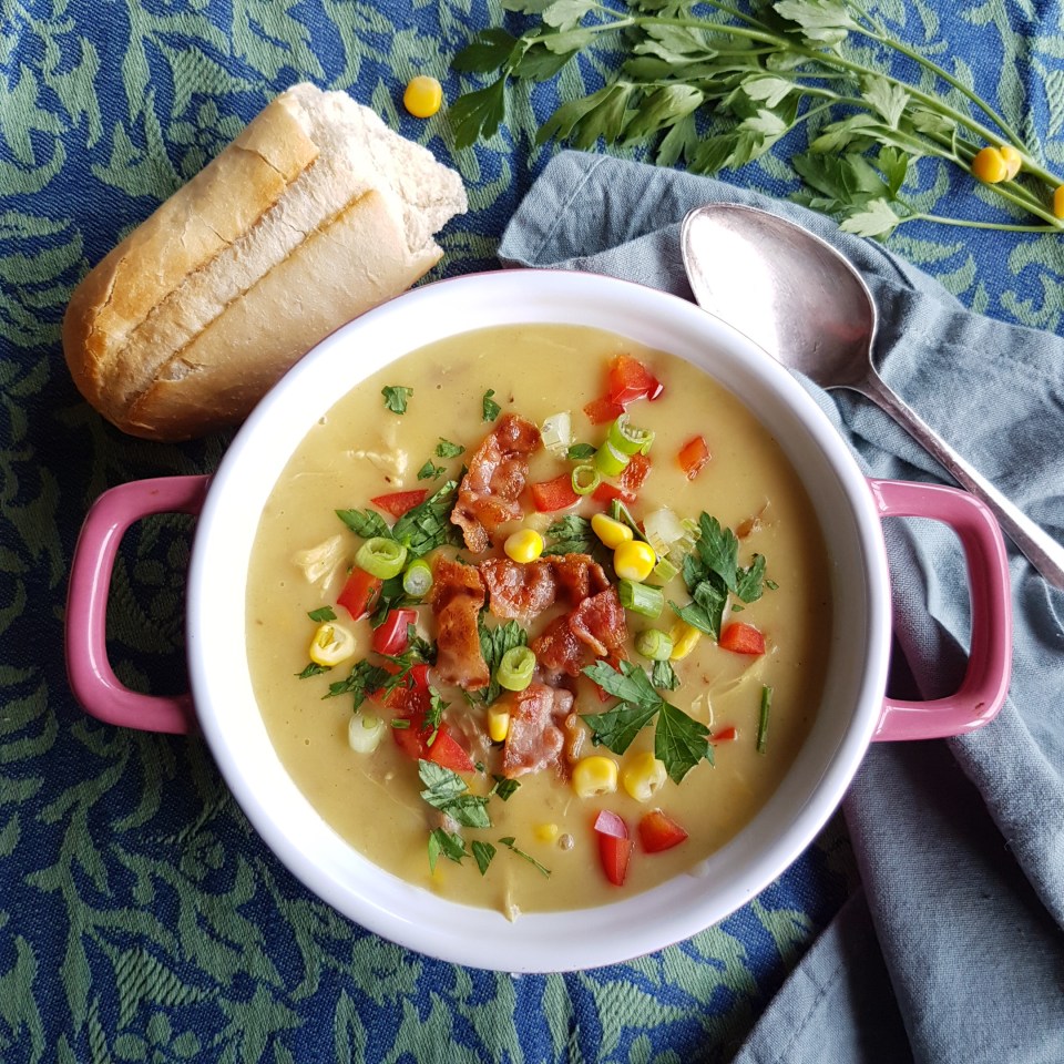 Chicken and Corn Soup with crispy Bacon
