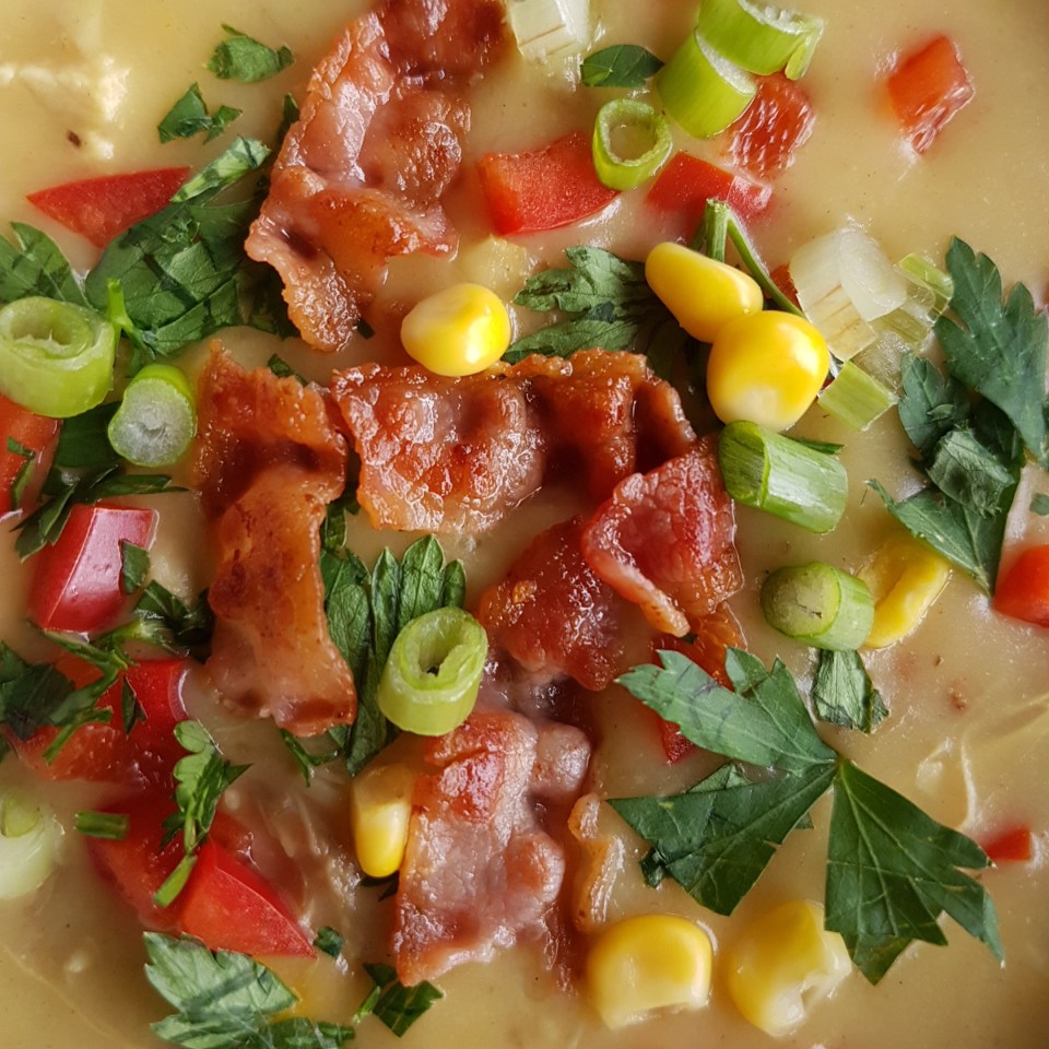 Chicken and Corn Soup with crispy Bacon